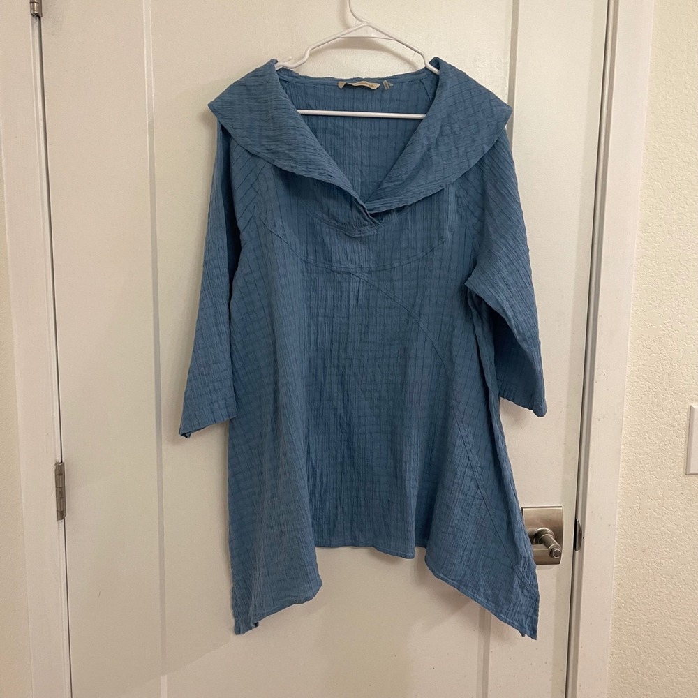 Soft Surroundings Blue Tunic‎ Oversized Collared Blouse Beacy Coastal Chic